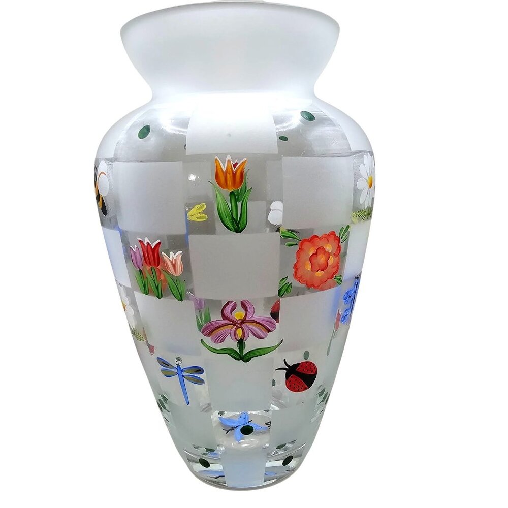 Lenox Nature's Splendor Handpainted Glass Vase Flowers Insects w/Box Signed